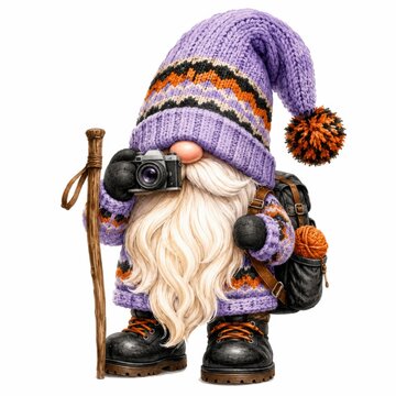 A whimsical gnome with a long white beard, wearing a purple knit hat and sweater, holding a camera and walking stick, ready for photography adventures.