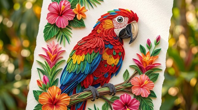 Vibrant Paper Quilling Parrot on Branch with Tropical Flowers