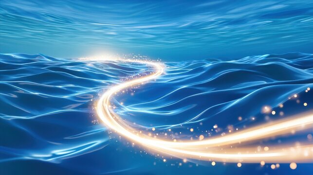 Glowing luminous cable undersea with sparkling light trail in deep blue water