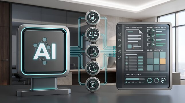 AI ethics and compliance dashboard with security icons