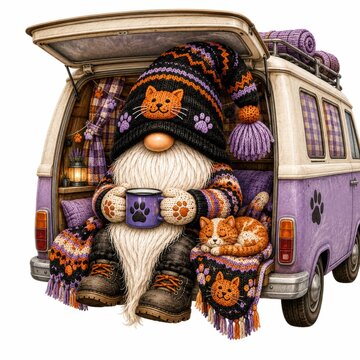 A cozy gnome wearing cat-themed winter clothes sits inside a purple camper van, holding a mug, with a sleeping cat beside him.