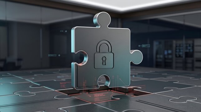 3d puzzle piece with padlock and digital data overlay