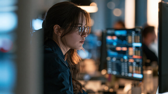 Photorealistic commercial banking scene, experienced fraud analyst in a modern operations office studying an unusually large card transaction on a desktop monitor, one suspicious