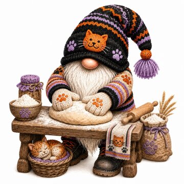 A gnome dressed in cozy cat-themed attire kneads dough on a wooden table, surrounded by baking ingredients and a sleeping cat in a basket.