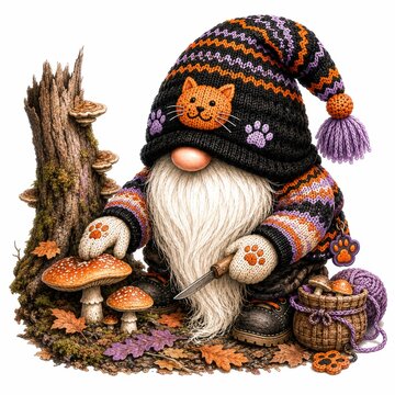 A whimsical gnome in a knitted hat with a cat design carefully harvesting mushrooms by a tree stump, surrounded by autumn leaves and a basket of fungi.