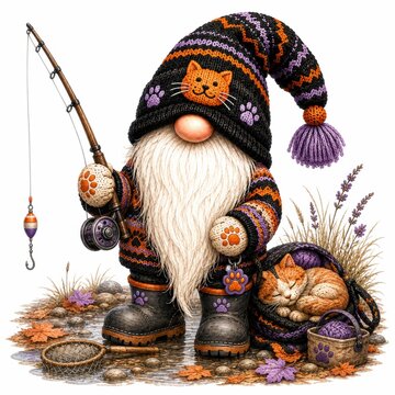 A whimsical gnome dressed in a cozy knitted outfit holds a fishing rod beside a sleeping cat and basket in an autumnal setting.