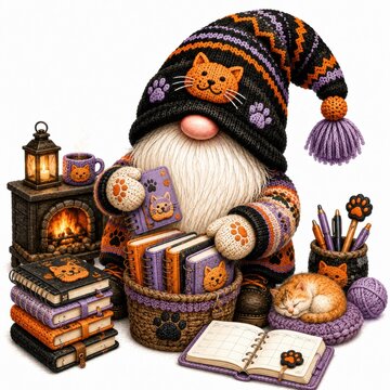 A cozy gnome in a cat-themed sweater and hat organizes books and stationery by a small fireplace, with a sleeping cat nearby.