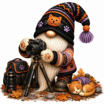 A cozy gnome with a cat-themed knit hat and sweater operates a camera on a tripod while a sleeping cat rests nearby amid autumn leaves.