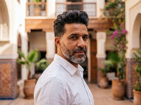 Middle-aged man with voluminous dark quiff hairstyle and gray beard outdoors.