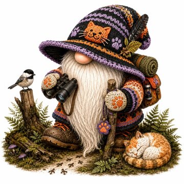 A whimsical gnome in a cat-themed hat with binoculars, surrounded by a bird, sleeping cat, and forest elements.