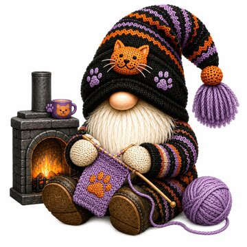 A cozy gnome knitting a purple paw-print scarf by a warm fireplace, wearing a striped hat decorated with a cat and paw prints.