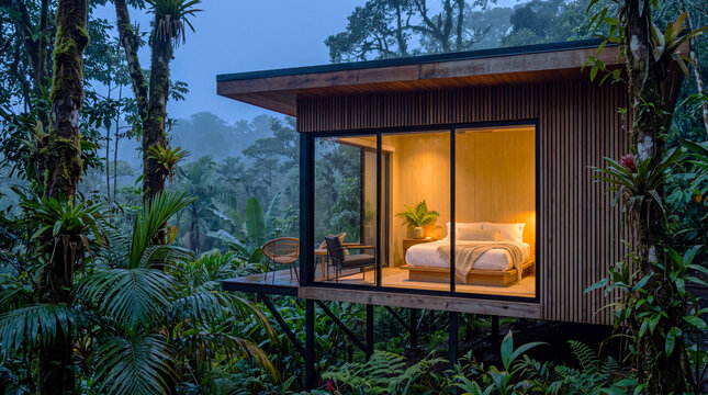 Modern wooden cabin with glowing bedroom interior and glass walls surrounded by lush misty rainforest at dusk