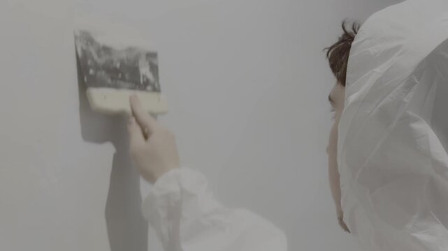 Young man applying putty to wall before painting