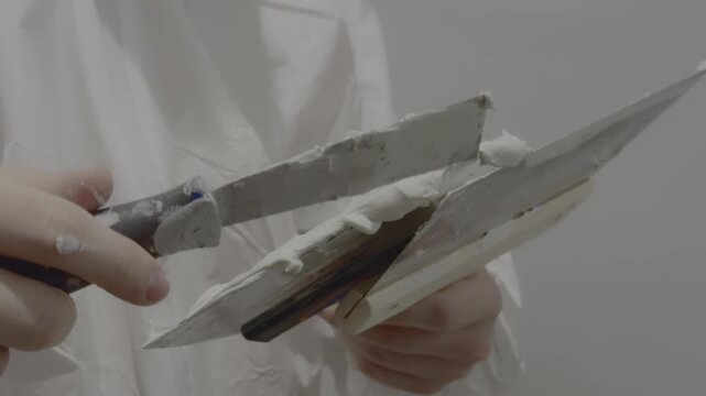 man preparing interior room wall for painting