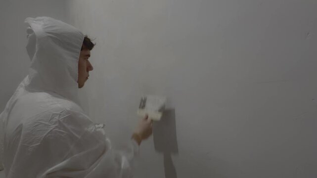 Young male painter plastering dry wall with spatula