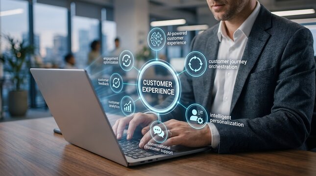 Man using laptop with customer experience digital overlay