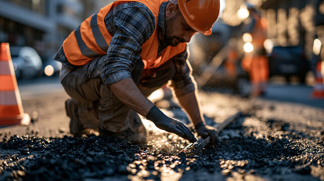 Rear view of construction workers repairing a pothole on a bright busy city street faces defocused bright construction workers pothole repair city street road maintenance