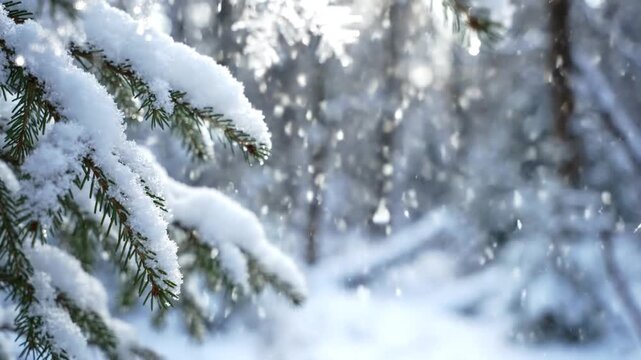 Falling Snow Cascading From A Snowy Spruce Pine Branch In Winter Forest