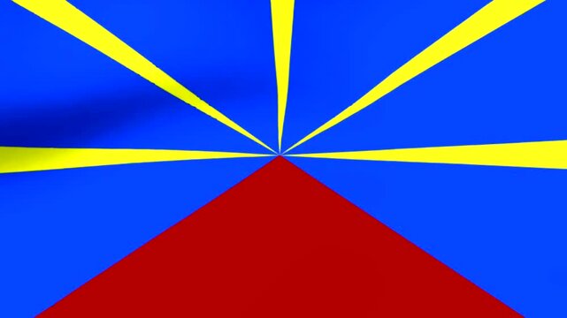 Waving flag of Reunion island featuring blue background with yellow rays and a red triangle