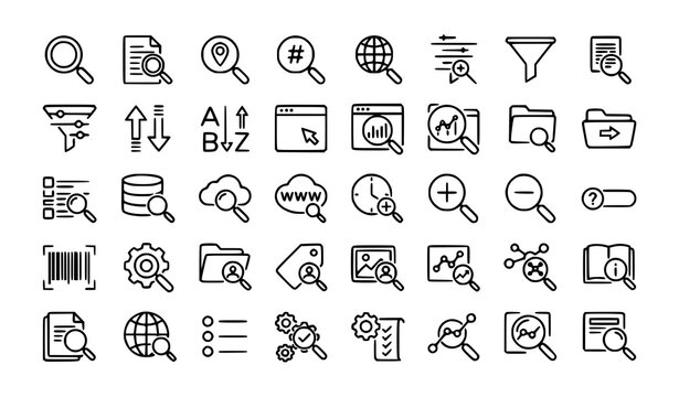 Information Retrieval Research and Data Discovery Vector Icons