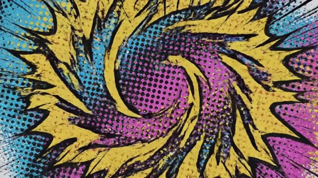 Dynamic animated pop art comic book background with vibrant halftone dot explosions