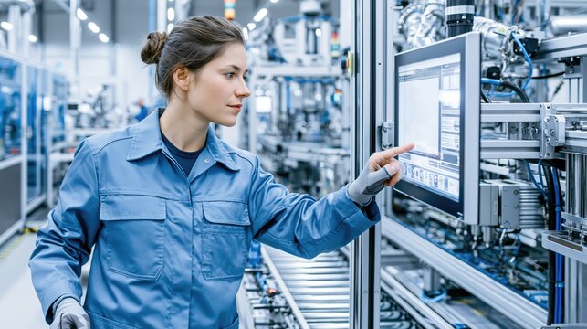 Modern Factory Worker Engaging with Advanced Technology Interface