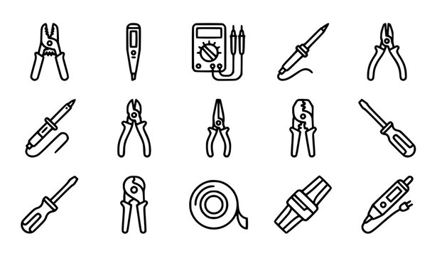Professional Electrical Repair Tools and Electronic Equipment Outline Icon Set with Multimeter and Soldering Iron Linear Symbols