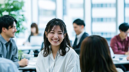 Obraz premium Modern Office Scene with Diverse Employees in Friendly Conversation