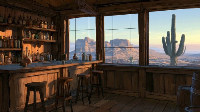 Desert saloon interior with mountain view