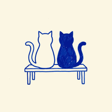 Minimalist hand-drawn illustration of two stylized cats, one white outline and one blue, sitting together on a bench.