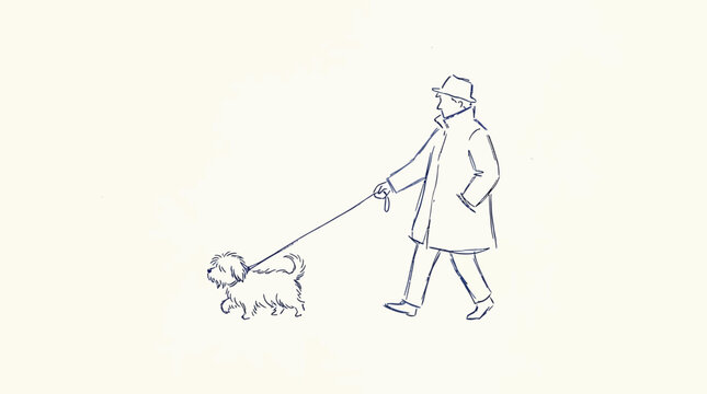 Minimalist hand-drawn illustration of a person in a hat and coat walking a small fluffy dog on a leash, a simple line art sketch.