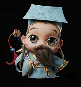 3D Cute Chibi Ancient Chinese Scholar Portrait Black Background
