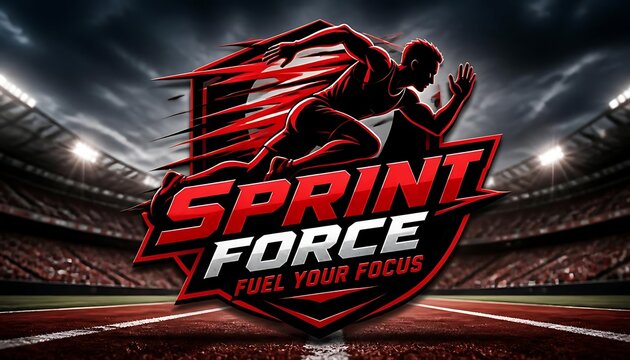 Dynamic Running Athlete Sports Logo in Stadium with Bold Typography