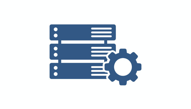 Blue database server rack icon with an integrated system gear to illustrate data management and technical support.