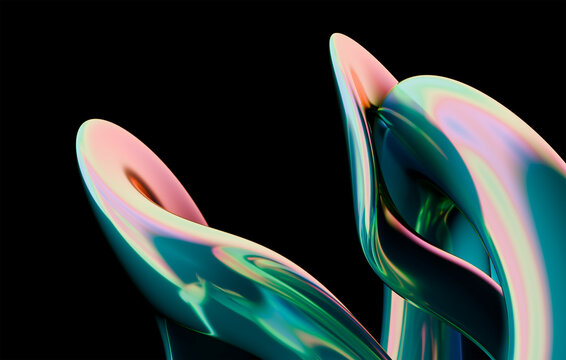 Abstract 3D Iridescent Flowing Shapes on Black Background
