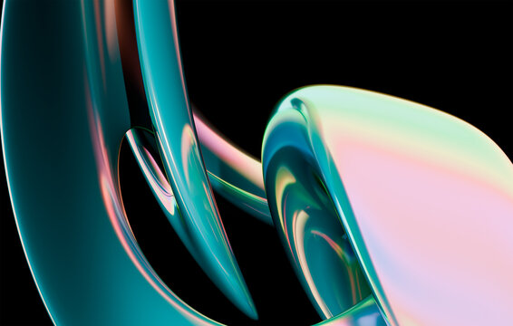 Holographic Fluid Sculpture in Teal and Pink, 3D Render