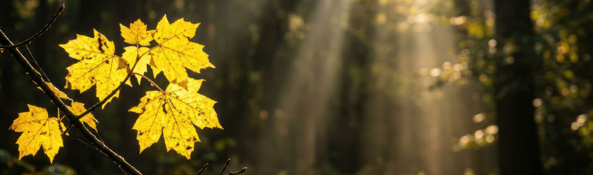 Golden maple leaves glow as sun rays pierce a quiet autumn forest, creating warm light and a peaceful seasonal atmosphere. Banner with copy space.
