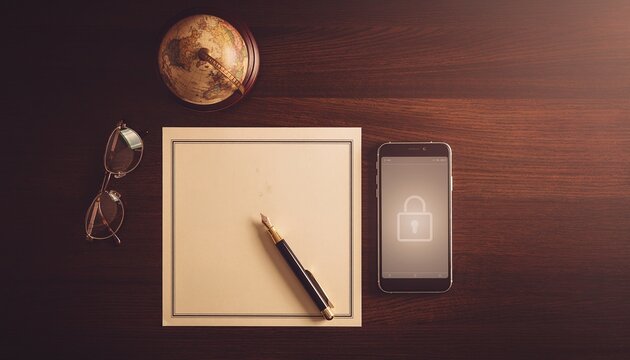 A vintage wooden desk with a fountain pen, blank paper, glasses, globe, and a smartphone displaying a lock. Nobody is seen in this elegant view evoking digital privacy and cybersecurity.