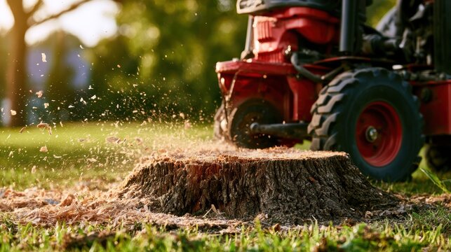 Wood chipper shredding tree stump outdoors