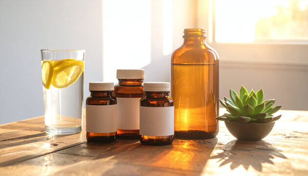 Serene natural health scene with amber supplement bottles, fresh lemon water, and a small succulent on a sunlit wooden table, evoking purity and wellness with no people.