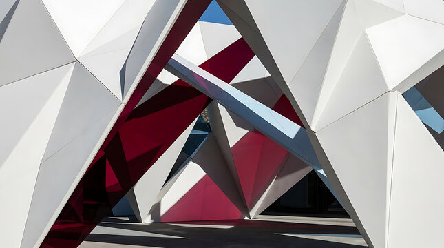 Abstract white geometric facade with intersecting red and blue planes.