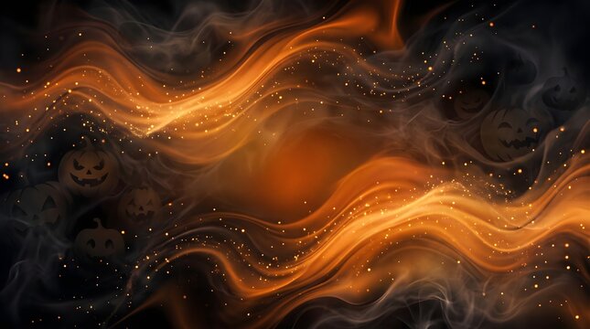 Ethereal dark smoky background featuring orange wave light, glitter sparkles, and faint pumpkin silhouettes for Halloween party themes.