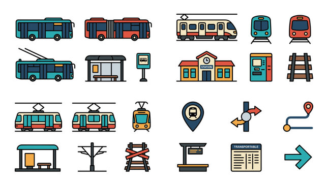 Public transit icons vector set featuring city bus articulated bus trolleybus train tram station shelter railway track ticket machine and navigation symbols isolated on background