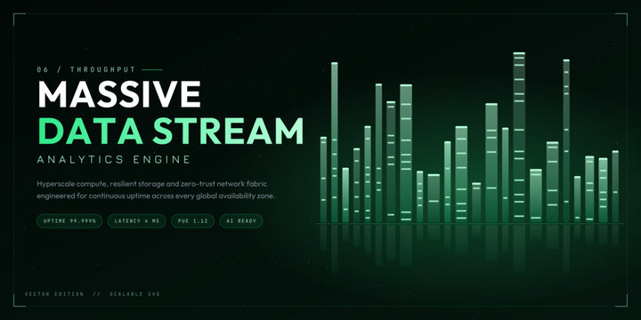Massive data stream analytics engine with futuristic throughput dashboard, glowing green server performance bars, resilient cloud infrastructure. Editable elements