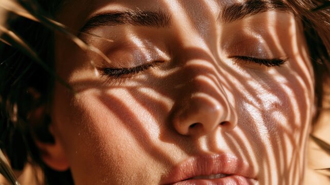Close up woman face sunlight shadows