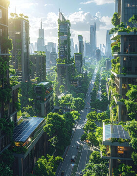 Discover a futuristic eco city where vertical gardens and solar panel buildings create a sustainable modern metropolis under a bright sunny sky. Inspiring green architecture, no people.