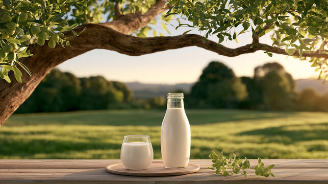 Milk in a glass and bottle sits on a wooden table under a tree in a field during the evening