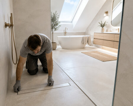 Trabajo de instalaci&oacute;n en un ba&ntilde;o moderno con ba&ntilde;era y ventana grande