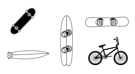 Collection of recreational vehicles with vehicles boards skateboard snowboard surfboard transport equipment with including, bicycle, leisure © Asim
