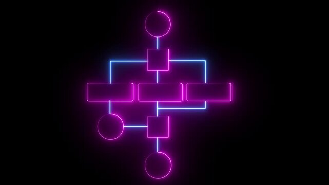 Futuristic neon line flowchart diagram. representing system workflow, data processing, and modern technology architecture. Neon pink digital flowchart animation, Block diagram concept.4K animation